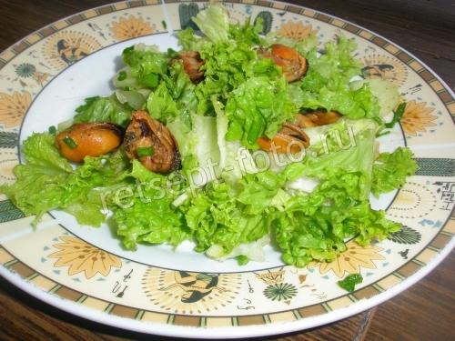 Салат с мидиями и листьями салата