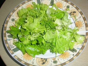 Окрошка на минералке и кефире с колбасой и листьями салата