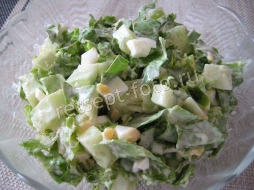 Простой салат с листьями салата, яйцом и огурцом